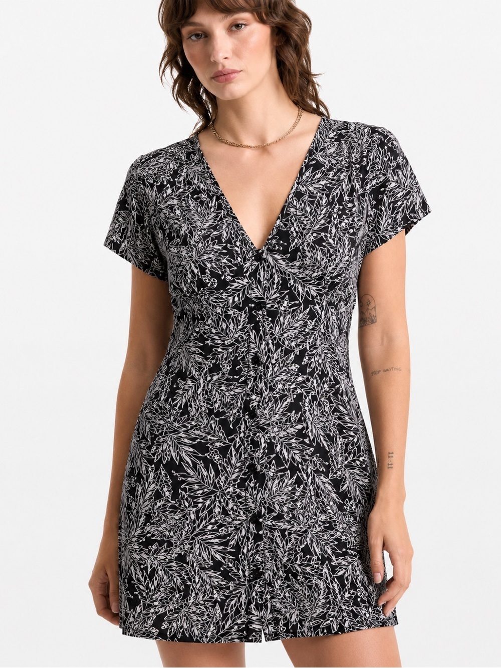 Volcom NWT Be My Frond Dress Black White Tropical Button Front Cotton Mini Xs - Picture 2 of 10